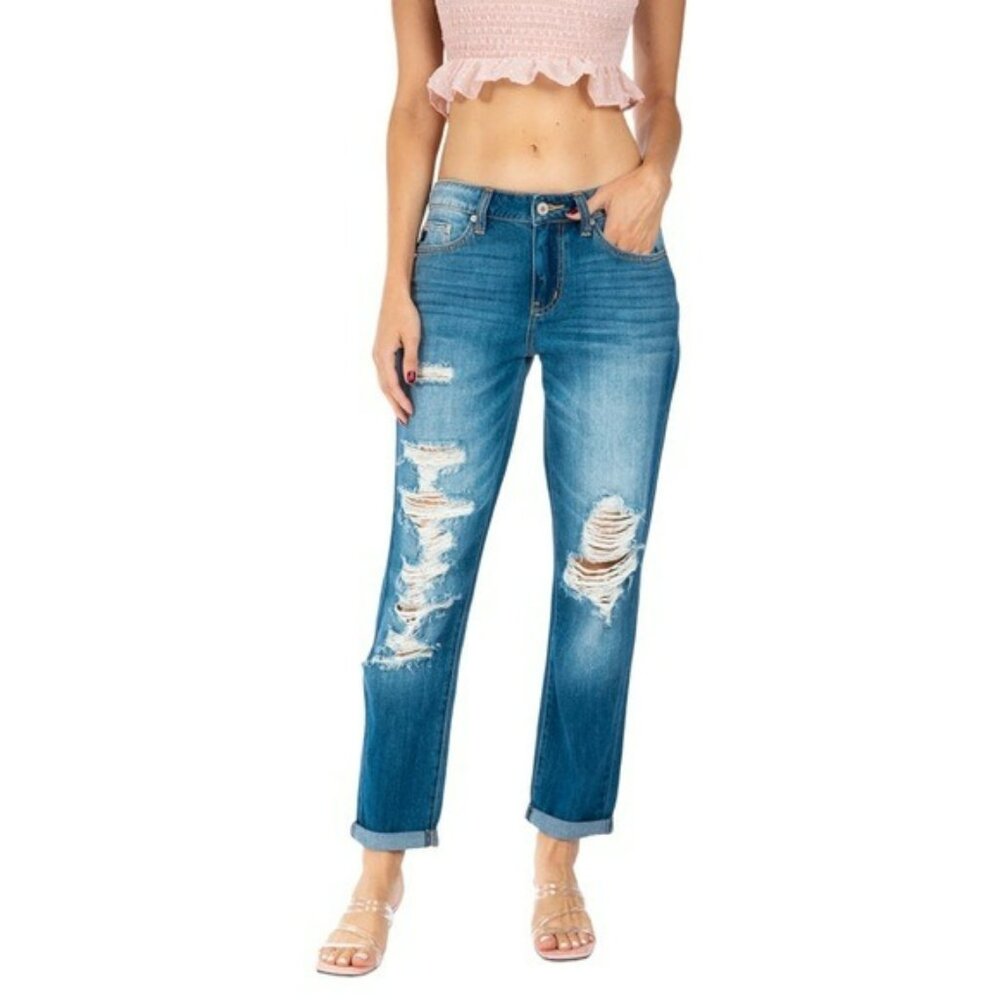 NWT KanCan Distressed Medium Wash Boyfriend Relaxed Fit Denim Jeans Size 9/28